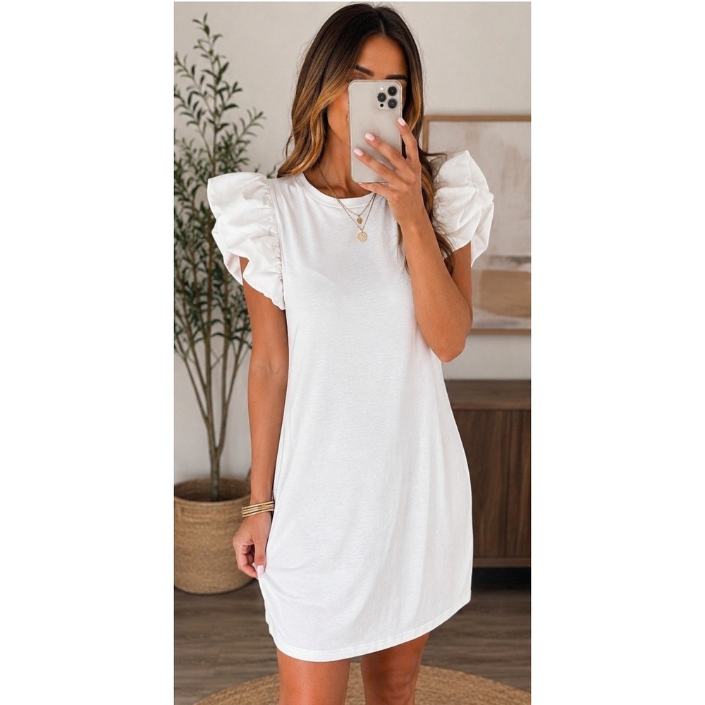 Express Dress Size L White Puff Cap Sleeve T-Shirt Crew Mini Stretch Casual